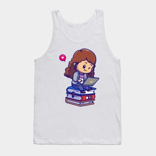 Cute Girl Playing Laptop On Book Cartoon Tank Top